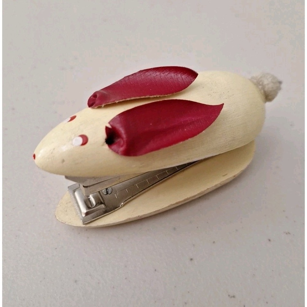Vintage WOODEN MOUSE STAPLER 1950's Mid-Century Modern‎ Leather Ears Painted